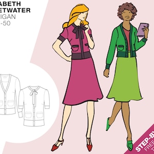 Op de afbeelding: Illustratie van twee vrouwen die een cardigan met strik dragen. De cardigan is verkrijgbaar in de maten EU 34-50. De illustratie bevat een stapsgewijze tutorial.