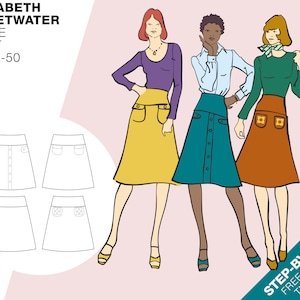 May include: A-line skirt sewing pattern with three different styles. The pattern includes instructions for a skirt with a button closure, a skirt with patch pockets, and a skirt with flap pockets. The pattern is available in sizes EU 34-50.  The pattern is illustrated with three women wearing the skirt in different colors.