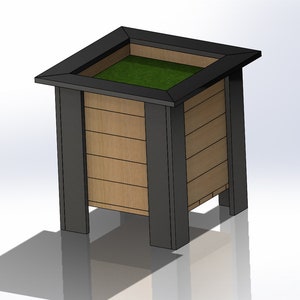 Könnte beinhalten: Ein quadratischer Holz-Pflanzkasten mit schwarzem Rahmen und einer grünen Pflanze im Inneren. Der Pflanzkasten hat vier Beine und ist aus Holz mit einer natürlichen Oberfläche gefertigt.