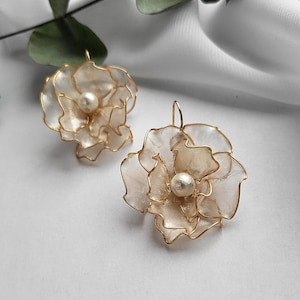 Elegant Pearl Earrings Pearl Floral Earrings Gold Flower Earrings Boho Bridal Earrings Floral Wedding Earrings Peony Earrings