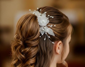 Erster Heiliger Kommunion Haarkamm, Zarter Vitrail Harz Blumen Kopfschmuck für Mädchen, Weiße Glasperle Hochzeit Haarschmuck, Leichtgewicht