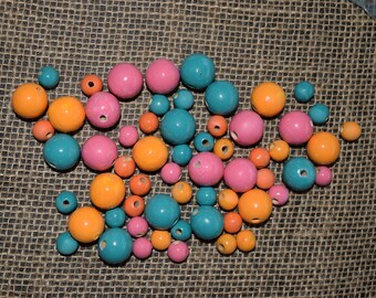 Destash Set of 60 round wood beads pink, orange, and turquoise