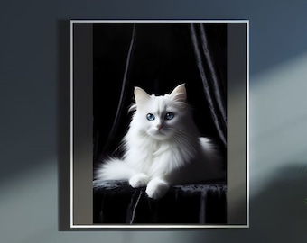 Poster with a white cat. Poster ready to download. Art wall poster. Prepared for printing.