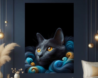 Poster with a blue cat. Poster ready to download. Art wall poster. Prepared for printing.