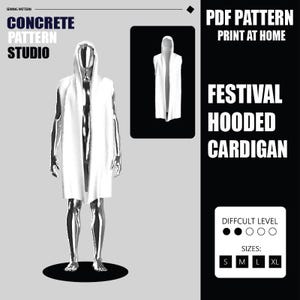 May include: A white hooded cardigan displayed on a silver mannequin. The image includes the text "CONCRETE PATTERN STUDIO" and "FESTIVAL HOODED CARDIGAN". The difficulty level is indicated with three filled circles. Sizes available are S, M, L, and XL.