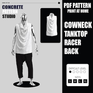 Könnte beinhalten: Eine Schaufensterpuppe zeigt ein weißes Tanktop mit Wasserfallausschnitt und eine schwarze Hose. Das Bild enthält den Text "CONCRETE PATTERN STUDIO" und "COWNECK TANKTOP RACER BACK". Ein Schwierigkeitsgrad und die Größen S, M, L, XL sind ebenfalls abgebildet.