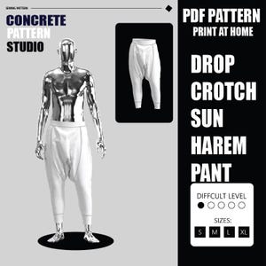May include: A white drop crotch harem pant displayed on a chrome mannequin. The image includes the text "CONCRETE PATTERN STUDIO" and "DROP CROTCH SUN HAREM PANT". The difficulty level is indicated, and sizes S, M, L, and XL are available.