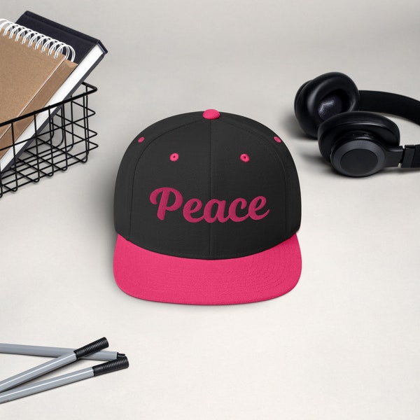 Peace Snapback Hat, Word “Peace”, Peaceful vibes, Peace symbol, Fashionable cap, Statement accessory, stylish headwear, Casual hat.