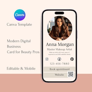de Carte de visite numérique modifiable pour professionnels de la beauté | Lien Canva dans la carte bio | Compatible avec les appareils mobiles, code QR, boutons de réservation