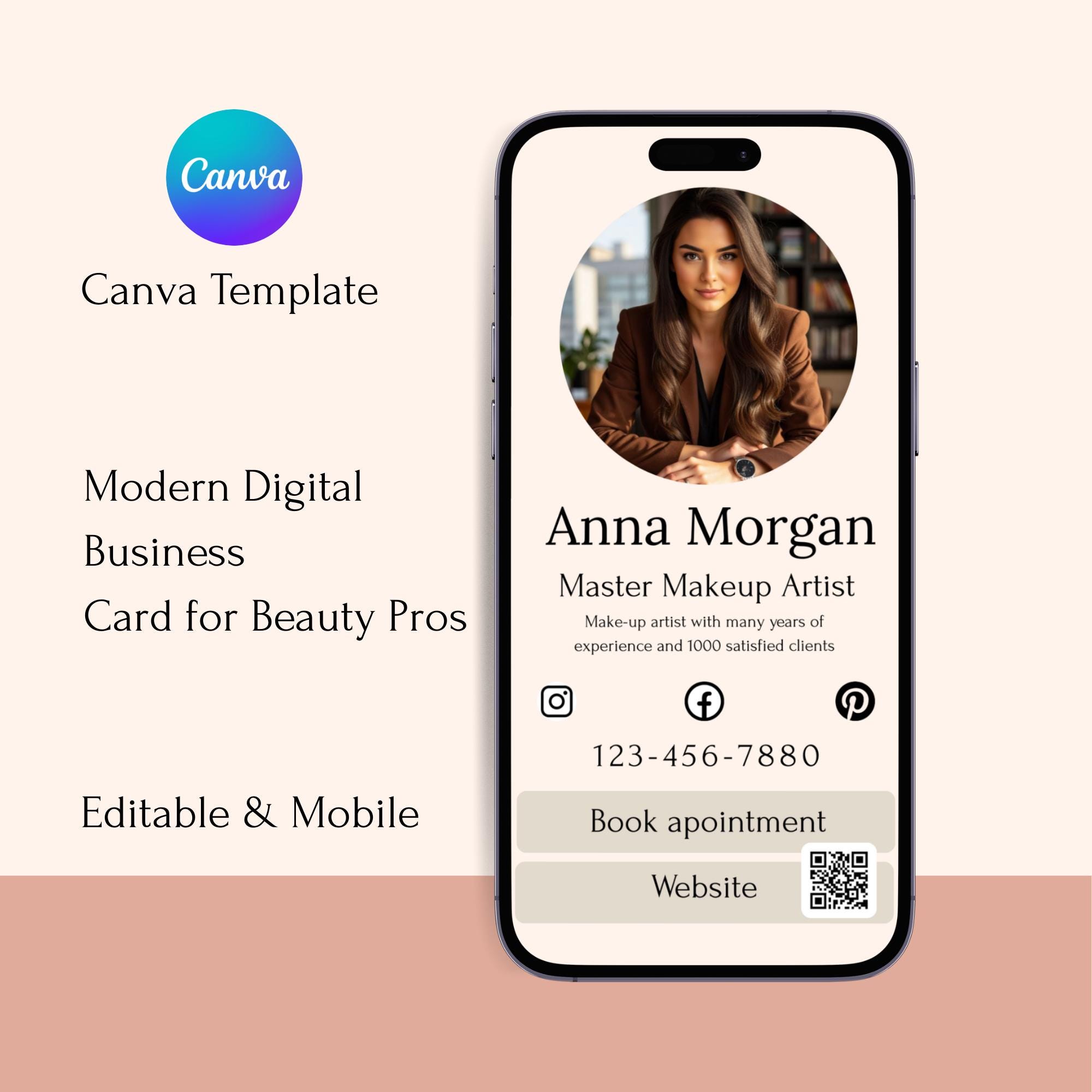 Editable Digital Business Card Template for Beauty Professionals | Canva Link in Bio Card | Mobile Friendly, QR Code, Booking Buttons