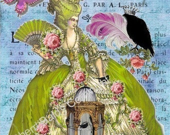Puede incluir: Una ilustración vintage de una mujer con un vestido verde y blanco y un gran sombrero. Está sosteniendo un abanico y hay flores y una jaula para pájaros en la imagen. El texto "L NÉOS" está en la parte superior de la imagen.