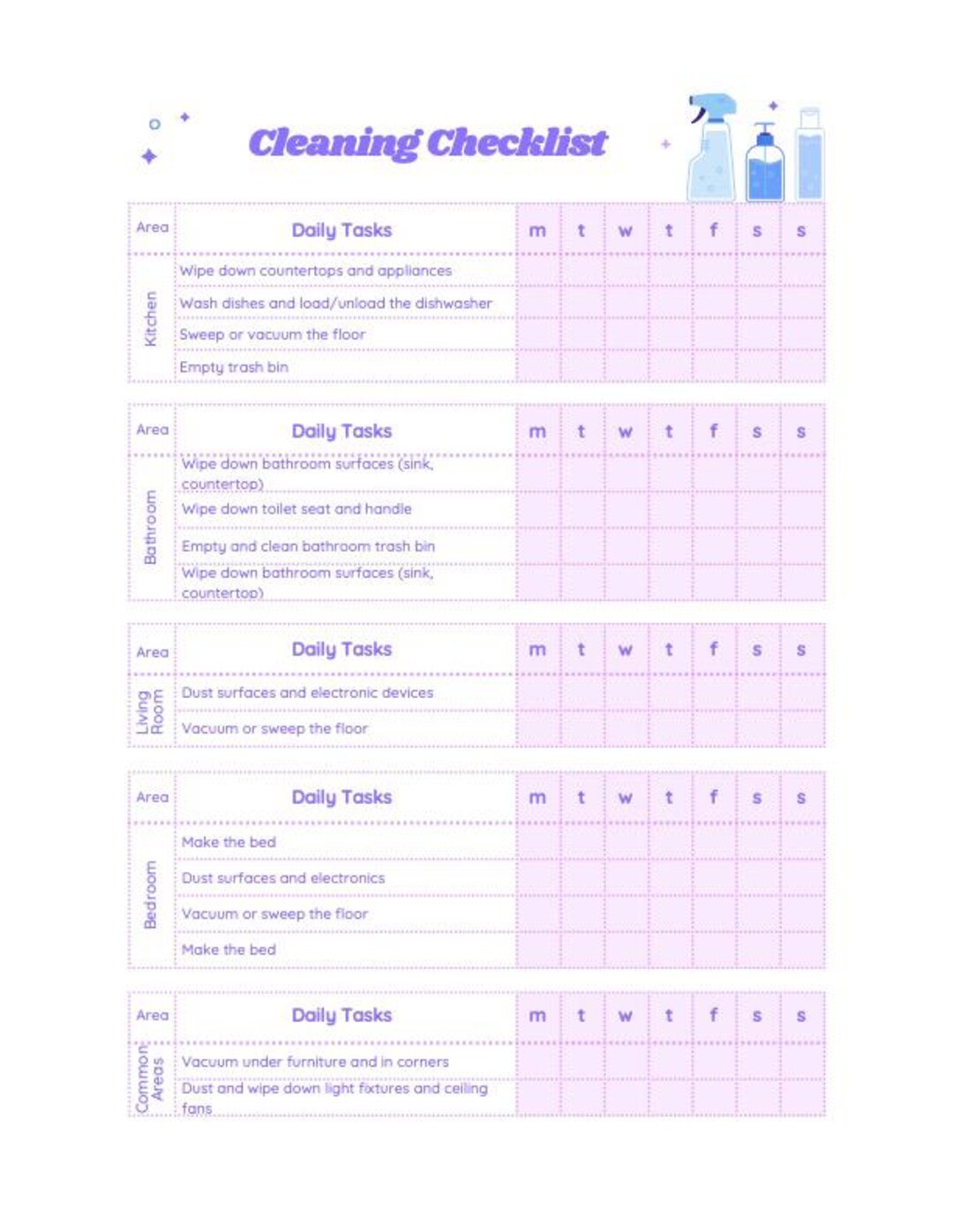 Daily and Monthly Cleaning Checklist, Digital to Do List PDF, Fillable ...