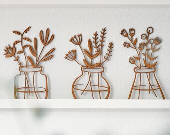 Blumenvasen Wanddeko aus Holz | Line Art Blumen | Wanddekoration aus Holz