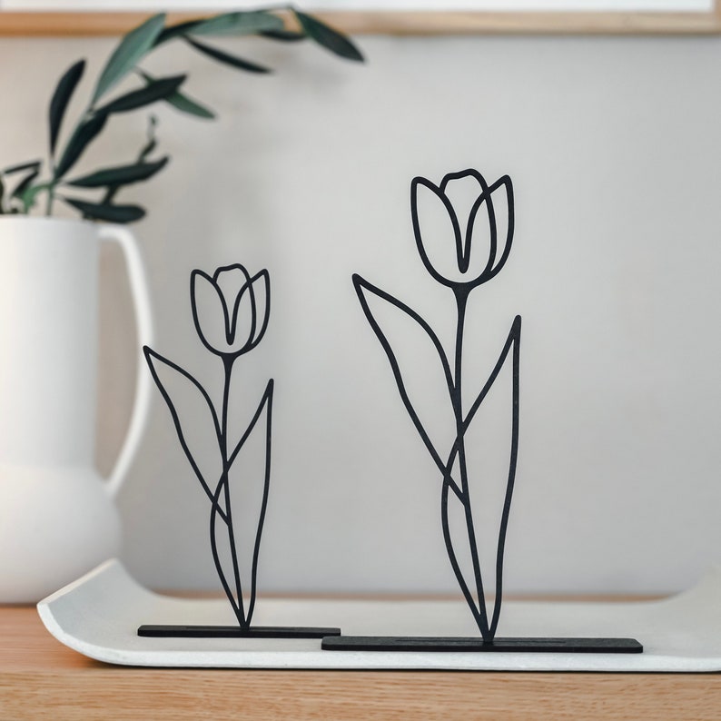 Line Art tulips to stand wooden decoration spring filigree flowers made of wood spring decoration image 1