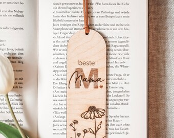 Lesezeichen aus Holz mit Lederband | Beste Mama, Oma … | Geburtstag oder Muttertag | Personalisiertes Geschenk aus Holz | Muttertagsgeschenk