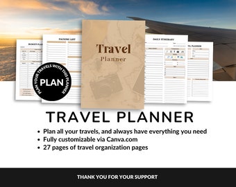 Puede incluir: Un planificador de viajes con un diseño de mapa vintage en la portada, con una ilustración de cámara. El planificador incluye páginas para presupuestos, listas de embalaje e itinerarios diarios. El texto dice "Travel Planner".