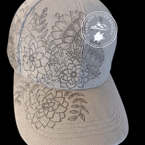 Gray Vegan Suede Hand Burned Ball Cap with Fun Floral Design and a bit of sparkle in the larger Flowers