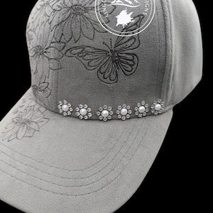 Gray Vegan Suede Hand Burned Ball Cap with Butterfly Fun Floral Design and a bit of Sparkle Across Part of the Front