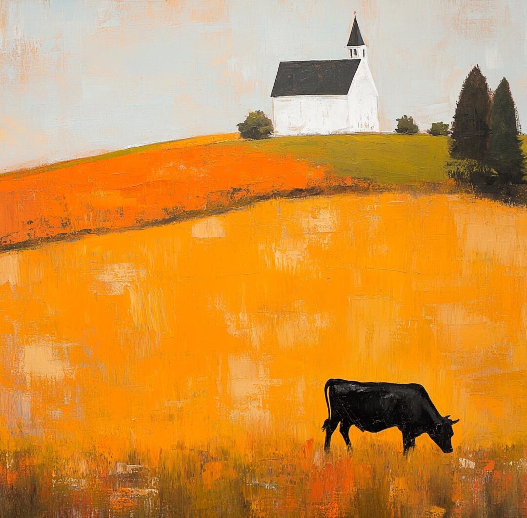 Golden Fields and Grazing Cow Etsy