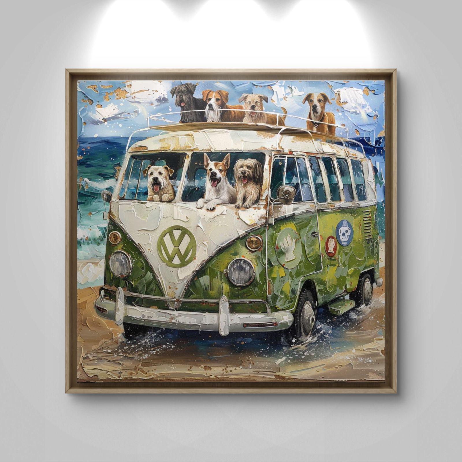 Dogs in VW Bus Beach Canvas Print: Surfboard Coastal Ocean Artwork
