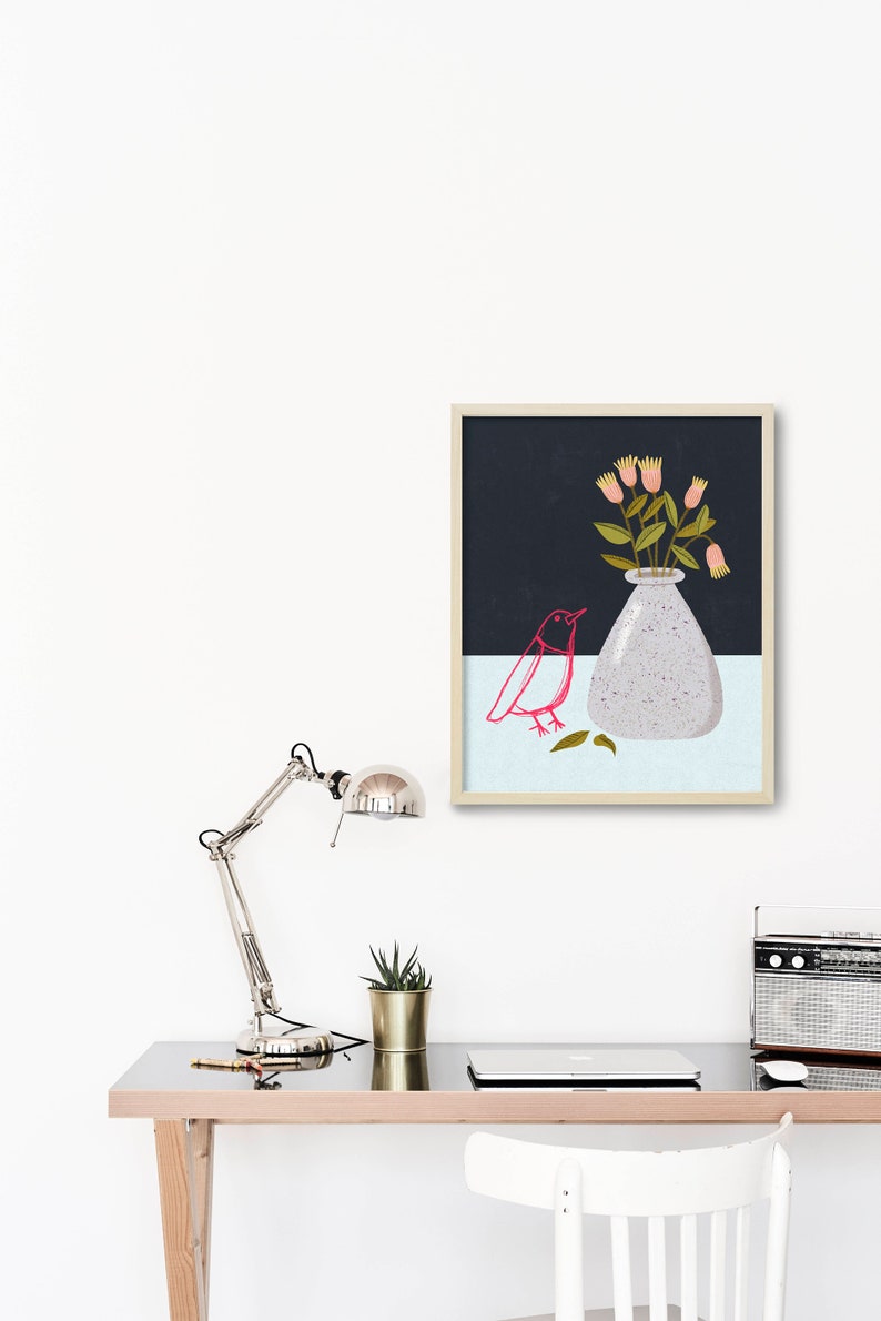 Modern Botanical Print with Bird, Floral Illustration, Mid Century Wall Art, Cute Bird Print image 8