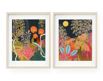 Jungle Botanical Print Set, Tropical Art, Mid Century Wall Art, Colorful Botanical Art, Scandinavian Modern Children's Art, 60s Art,