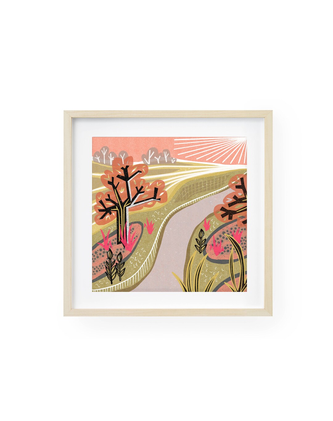 Mid Century Modern Wall Art, Pink Garden Wall Art, Scandinavian Modern Landscape Art Print