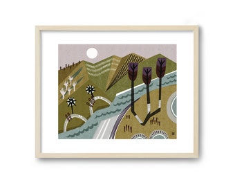 Mid Century Wall Art, Scandinavian Modern Landscape Art Print, Abstract Landscape, Mountain Art Nature Print, 60s art