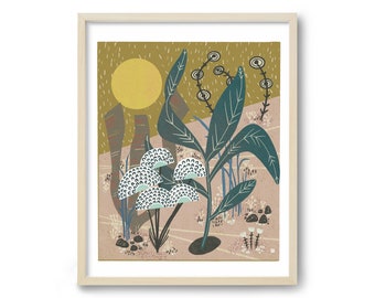 Mid Century Wall Art, Scandinavian Style Folk Art Print, Botanical Art Print, 60s Art