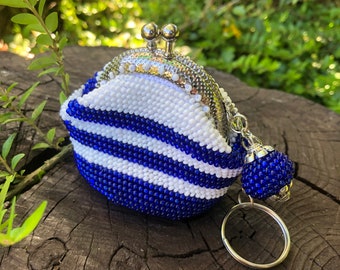 Marine toned keychain coin purse. Crochet beaded keychain pouch.  Kiss lock purse. Gift idea for her. Seed beaded coin purse. Birthday gift