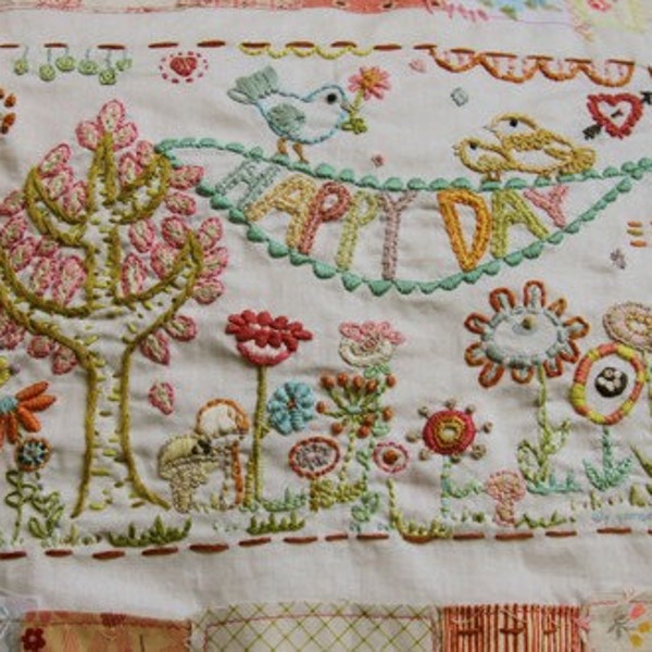 embroidery pattern on fabric, Happy Day