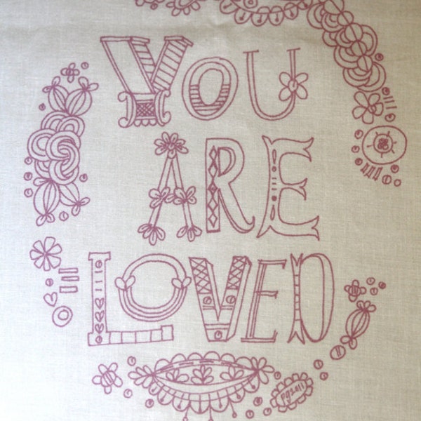 You Are Loved, purple embroidery sampler
