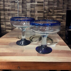 Mexican Blown Glass Cobalt Blue Margarita Glasses Set of 2