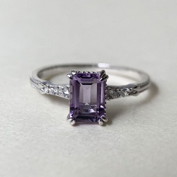 Natural Amethyst Engagement Proposal Ring Emerald Cut Purple Crystal Ring Bridal Promise Ring Art Deco Statement Wedding Anniversary Ring