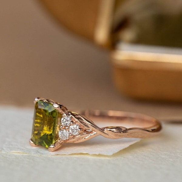 Emerald Cut Peridot And Moissanite Engagement Ring Nature Inspired Bridal Promise Ring Twisted Band Ring Minimalist Leaf Ring With Diamond