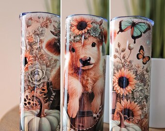 20oz Stainless Steel Skinny Tumbler, Highland Cow Tumbler, Fall Highland Cow Cup, Cute Highland Cow Tumbler, 20oz Sublimation Tumbler.