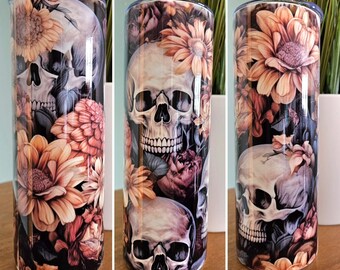 20oz Stainless Steel Skinny Tumbler, Skull Tumbler, Skulls and Flowers Tumbler, Travel Cup, Halloween Tumbler, Fall Vibes Cup.