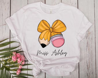Personalized Teacher Shirt: Pencil Bow Back to School Sublimation Tee, Gift for Teachers, Custom Teacher Shirt, Pencil Bow Crewneck.