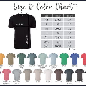 May include: A black t-shirt with a size and color chart. The chart displays chest and length measurements in inches for sizes XS to 3XL. A color palette of t-shirts in various colors, including red, blue, and green, is shown.