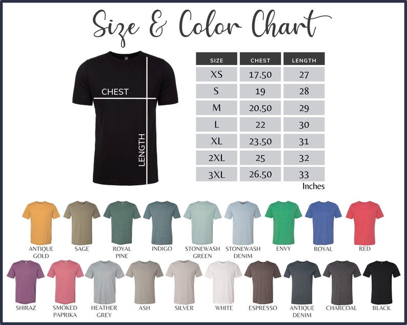 May include: A black t-shirt with a size and color chart. The chart displays chest and length measurements in inches for sizes XS to 3XL. A color palette of t-shirts in various colors, including red, blue, and green, is shown.