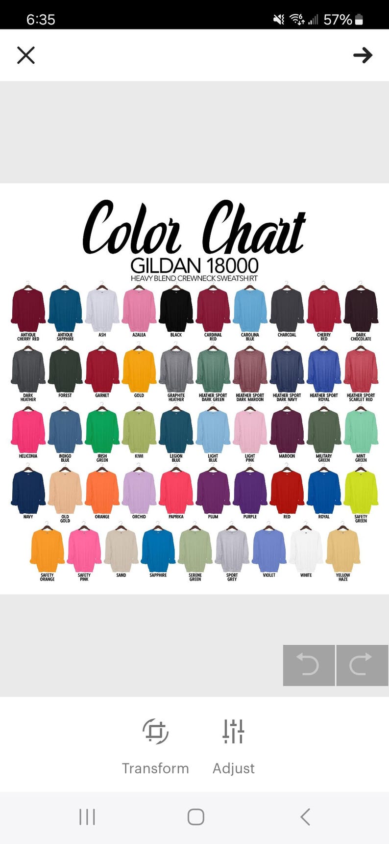 May include: Color chart for Gildan 18000 heavy blend crewneck sweatshirts. The chart shows 48 different color options for the sweatshirts.