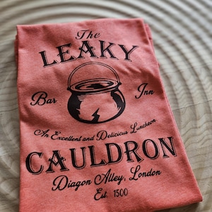 May include: A red t-shirt with a black graphic of the Leaky Cauldron, a bar and inn in Diagon Alley, London. The text reads "The Leaky Cauldron, Bar Inn, An Excellent and Delicious Luncheon, Cauldron, Diagon Alley, London, Est. 1500."