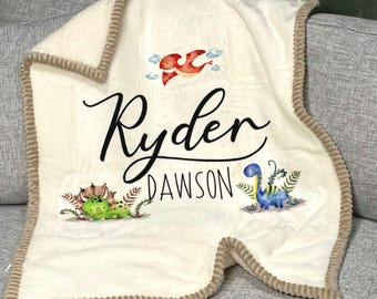Custom Name Dinosaurs Fleece Baby blanket, Personalized Dino Blanket, Baby Shower Gift, First Birthday Gift, Baby Name Blanket, Cute Dinos.