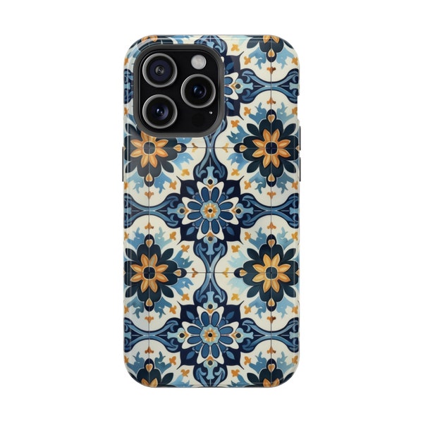 Premium Blue and Gold Floral Tile iPhone Case - Stylish and Protective Accessory for Everyday Use