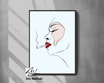 Donna che fuma sigaretta Line Art / Boho disegno viso stile arte linea singola / stampa artistica da parete fumatori / download digitale