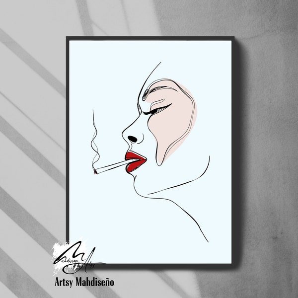 Donna che fuma sigaretta Line Art / Boho disegno viso stile arte linea singola / stampa artistica da parete fumatori / download digitale