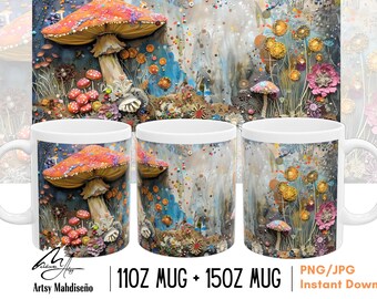 3D Mushroom Mug Wrap, Colorful Mushroom Sublimation, Coffee Mug Gift, Cute Mushrooms, coffee cup, Magic mushroom, PNG, Instant Digi Download