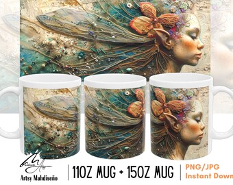 Mixed Media Sublimation 3D Fairy Mug Wrap PNG, Sublimation design for 11oz & 15oz Mugs, Coffee Mug Gift, Whimsical Style, Instant Download