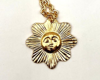 Radiant Sun Pendant on Chain Talisman Necklaces Vintage 80s Sculpted Gold Tone Pendant