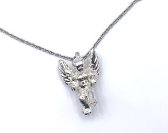 Baby Angel Pendant Silver Tone Talisman Necklace on 18 inch Chain Vintage 90s